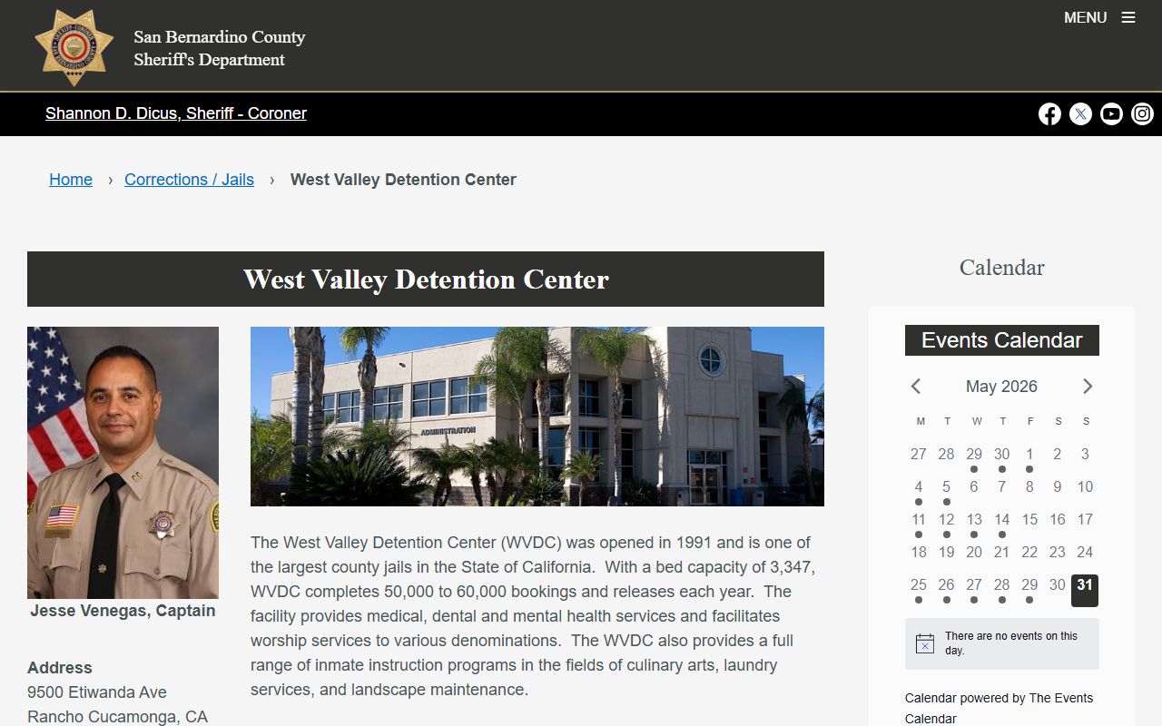San Bernardino County Sheriff's West Valley Detention Center facility page