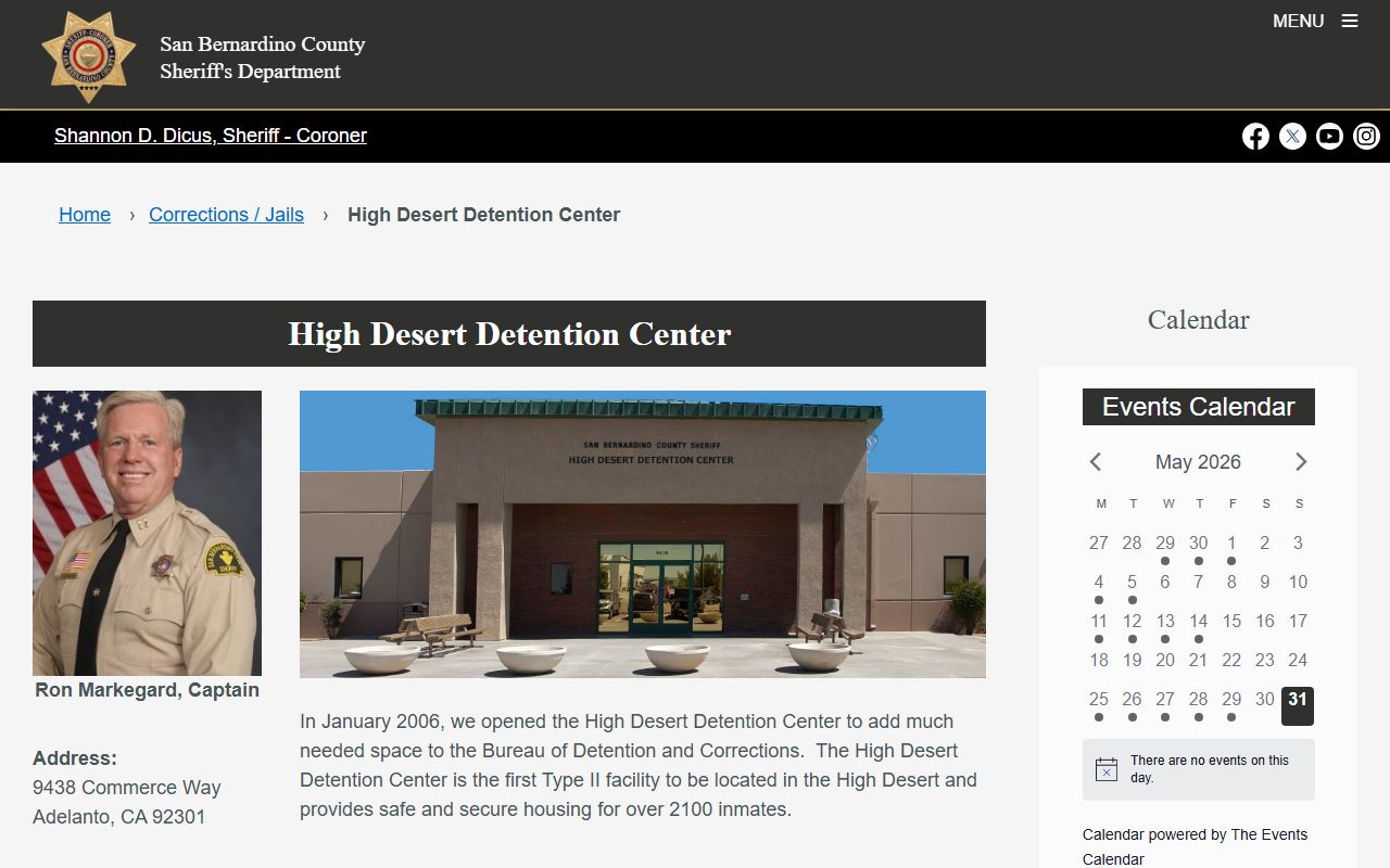 San Bernardino County Sheriff's High Desert Detention Center facility page