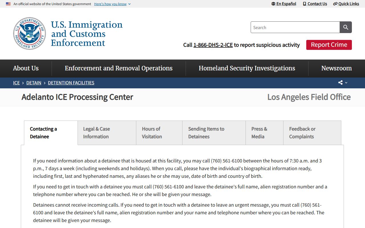 Adelanto ICE Processing Center facility page for San Bernardino County detainee lookup